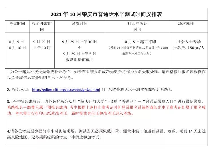 2021年10月肇庆市普通话水平测试考试公告